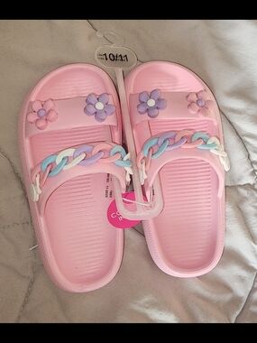 Kids Pink Floral Chain Slide Sandals